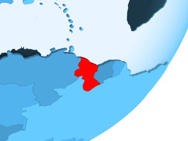 Guyana kırmızı şeffaf okyanuslar ile mavi siyasi dünya üzerinde. 3D çizim.