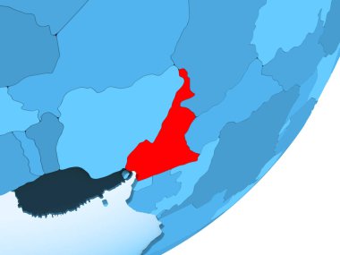 Kamerun kırmızı şeffaf okyanuslar ile mavi siyasi dünya üzerinde. 3D çizim.