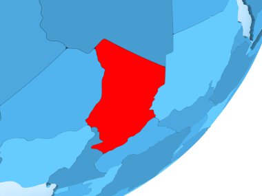 Chad kırmızı şeffaf okyanuslar ile mavi siyasi dünya üzerinde. 3D çizim.