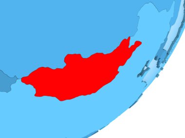 Moğolistan kırmızı şeffaf okyanuslar ile mavi siyasi dünya üzerinde. 3D çizim.