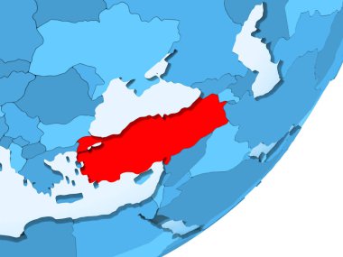 Türkiye'de kırmızı şeffaf okyanuslar ile mavi siyasi dünya üzerinde. 3D çizim.