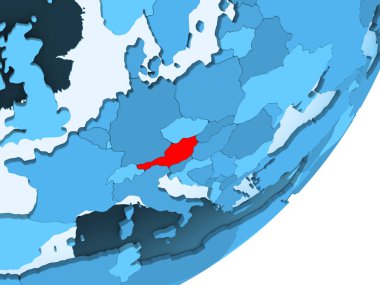 Avusturya kırmızı şeffaf okyanuslar ile mavi siyasi dünya üzerinde. 3D çizim.