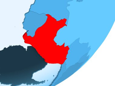 Peru kırmızı şeffaf okyanuslar ile mavi siyasi dünya üzerinde. 3D çizim.