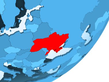 Ukrayna kırmızı şeffaf okyanuslar ile mavi siyasi dünya üzerinde. 3D çizim.