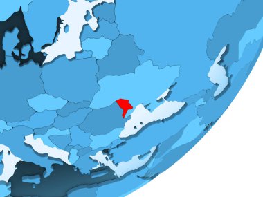Moldova kırmızı şeffaf okyanuslar ile mavi siyasi dünya üzerinde. 3D çizim.