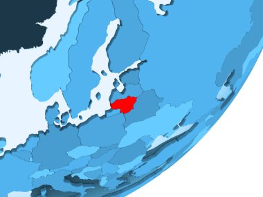 Litvanya kırmızı şeffaf okyanuslar ile mavi siyasi dünya üzerinde. 3D çizim.