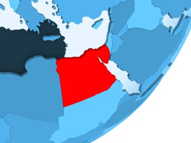 Mısır kırmızı şeffaf okyanuslar ile mavi siyasi dünya üzerinde. 3D çizim.