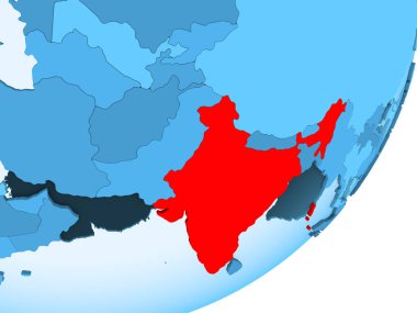 Hindistan kırmızı şeffaf okyanuslar ile mavi siyasi dünya üzerinde. 3D çizim.