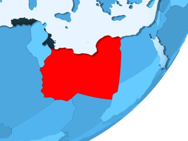 Libya kırmızı şeffaf okyanuslar ile mavi siyasi dünya üzerinde. 3D çizim.