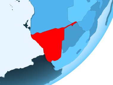 Namibya kırmızı şeffaf okyanuslar ile mavi siyasi dünya üzerinde. 3D çizim.