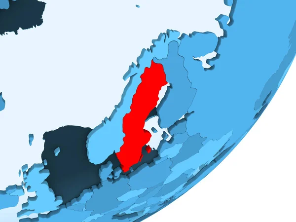 瑞典以红色在蓝色政治地球与透明的海洋 — 图库照片