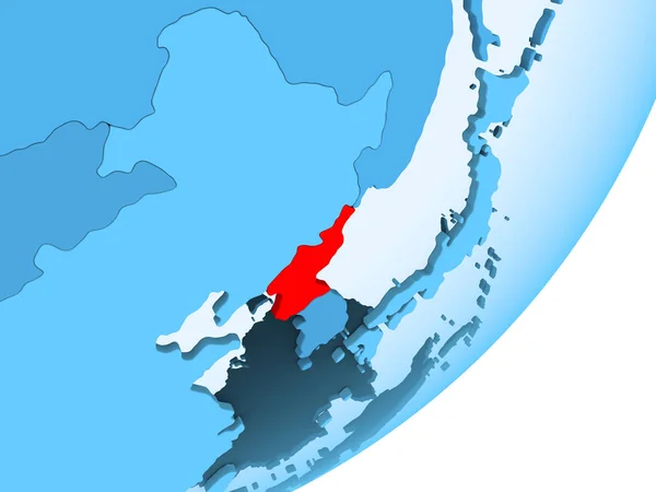 北朝鲜在红色在蓝色政治地球与透明的海洋 — 图库照片