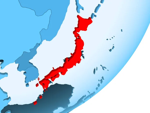 Japan in red on blue political globe with transparent oceans. 3D illustration.