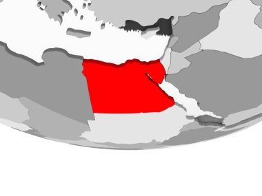 Mısır kırmızı şeffaf okyanuslar ile gri siyasi dünya üzerinde. 3D çizim.