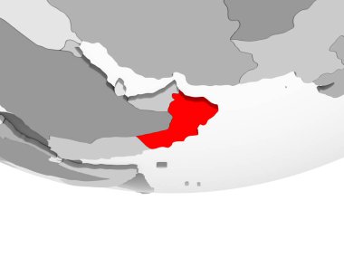 Umman kırmızı şeffaf okyanuslar ile gri siyasi dünya üzerinde. 3D çizim.