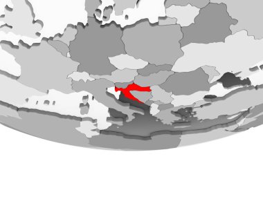 Hırvatistan kırmızı şeffaf okyanuslar ile gri siyasi dünya üzerinde. 3D çizim.