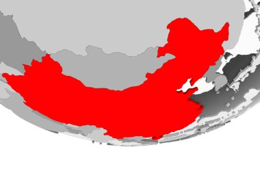Çin kırmızı şeffaf okyanuslar ile gri siyasi dünya üzerinde. 3D çizim.