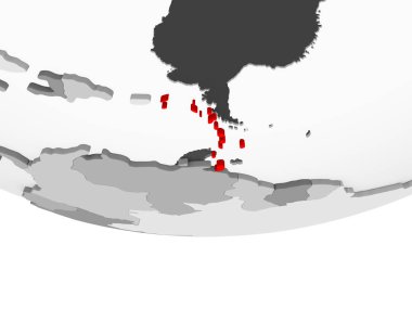 Kırmızı şeffaf okyanuslar ile gri siyasi dünya üzerinde Karayipler'de. 3D çizim.