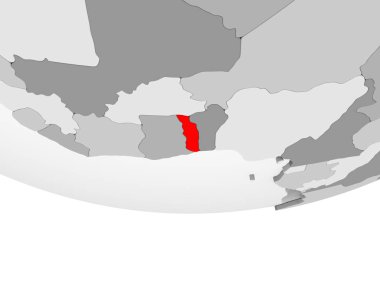 Togo kırmızı şeffaf okyanuslar ile gri siyasi dünya üzerinde. 3D çizim.
