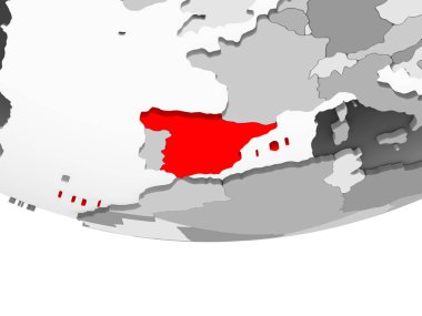İspanya kırmızı şeffaf okyanuslar ile gri siyasi dünya üzerinde. 3D çizim.
