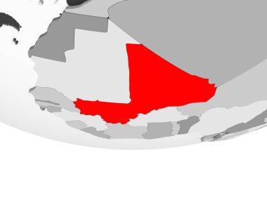 Mali kırmızı şeffaf okyanuslar ile gri siyasi dünya üzerinde. 3D çizim.