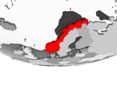 Norveç kırmızı şeffaf okyanuslar ile gri siyasi dünya üzerinde. 3D çizim.