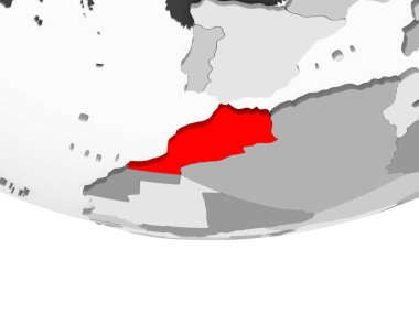 Fas kırmızı şeffaf okyanuslar ile gri siyasi dünya üzerinde. 3D çizim.