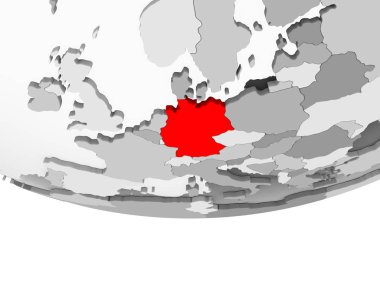Almanya'da kırmızı şeffaf okyanuslar ile gri siyasi dünya üzerinde. 3D çizim.