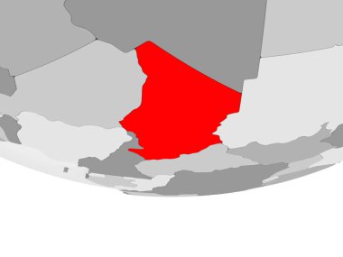 Chad kırmızı şeffaf okyanuslar ile gri siyasi dünya üzerinde. 3D çizim.