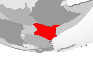 Kenya kırmızı şeffaf okyanuslar ile gri siyasi dünya üzerinde. 3D çizim.