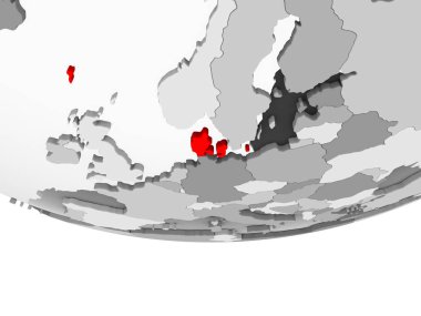 Danimarka kırmızı şeffaf okyanuslar ile gri siyasi dünya üzerinde. 3D çizim.