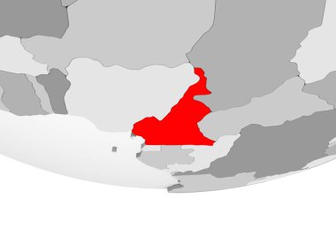 Kamerun kırmızı şeffaf okyanuslar ile gri siyasi dünya üzerinde. 3D çizim.