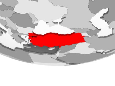 Türkiye'de kırmızı şeffaf okyanuslar ile gri siyasi dünya üzerinde. 3D çizim.