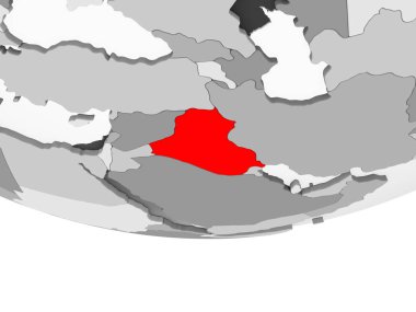 Irak kırmızı şeffaf okyanuslar ile gri siyasi dünya üzerinde. 3D çizim.
