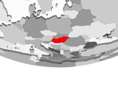 Macaristan kırmızı şeffaf okyanuslar ile gri siyasi dünya üzerinde. 3D çizim.