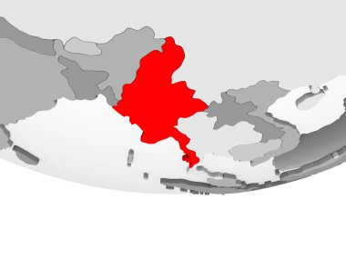 Myanmar kırmızı şeffaf okyanuslar ile gri siyasi dünya üzerinde. 3D çizim.