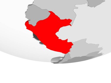 Peru kırmızı şeffaf okyanuslar ile gri siyasi dünya üzerinde. 3D çizim.