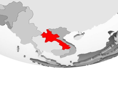 Laos kırmızı şeffaf okyanuslar ile gri siyasi dünya üzerinde. 3D çizim.