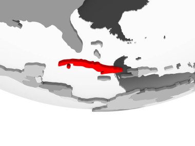 Küba'da kırmızı şeffaf okyanuslar ile gri siyasi dünya üzerinde. 3D çizim.