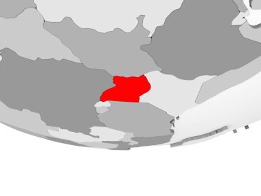Uganda kırmızı şeffaf okyanuslar ile gri siyasi dünya üzerinde. 3D çizim.