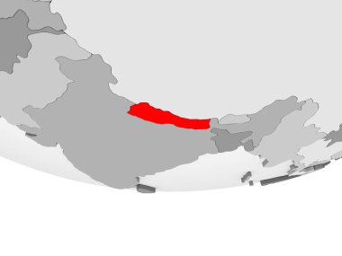 Nepal kırmızı şeffaf okyanuslar ile gri siyasi dünya üzerinde. 3D çizim.