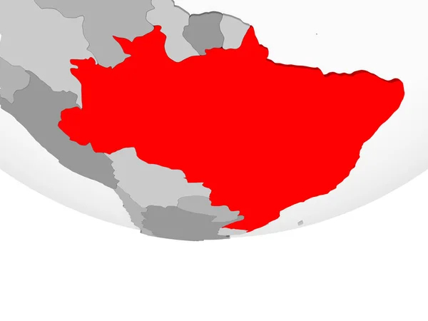 Brazilië Het Rood Grijs Politieke Wereldbol Met Transparante Oceanen Illustratie — Stockfoto