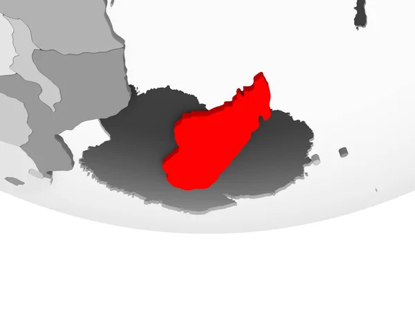 马达加斯加在红色在灰色政治地球与透明的海洋 — 图库照片