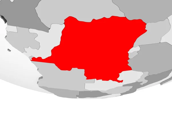 刚果民主共和国在灰色的政治地球上以透明的海洋为红色 — 图库照片