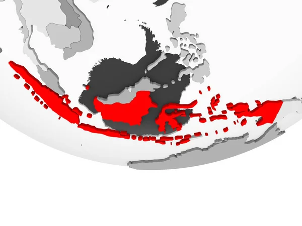 Indonesia Rojo Sobre Gris Globo Político Con Océanos Transparentes Ilustración —  Fotos de Stock