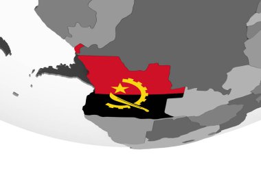 Angola katıştırılmış bayrak ile gri siyasi dünya üzerinde. 3D çizim.