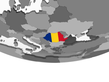 Romanya katıştırılmış bayrak ile gri siyasi dünya üzerinde. 3D çizim.