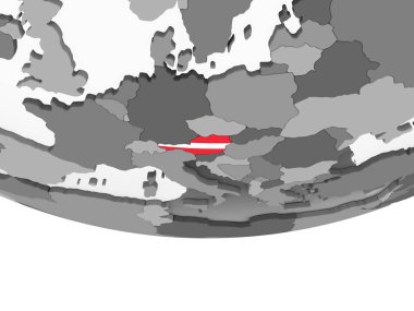 Avusturya katıştırılmış bayrak ile gri siyasi dünya üzerinde. 3D çizim.