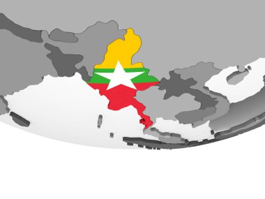 Myanmar katıştırılmış bayrak ile gri siyasi dünya üzerinde. 3D çizim.