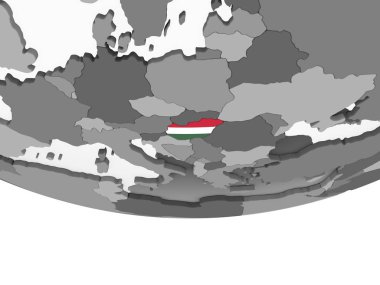 Macaristan katıştırılmış bayrak ile gri siyasi dünya üzerinde. 3D çizim.